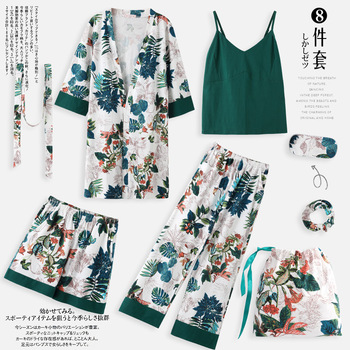 New Style Pajamas Women's Spring And Summer Long Sleeve Pure Cotton Kimono Robe Seven Pieces Camisole Summer Sexy-Home Wear